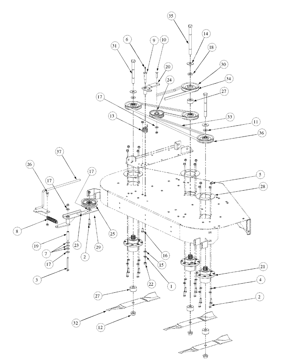 Fabricated Deck Spindle Assembly Diagram and Parts List for M54-KW 53CB5DBW750-23HP-OHV Cub Cadet Lawn Tractor